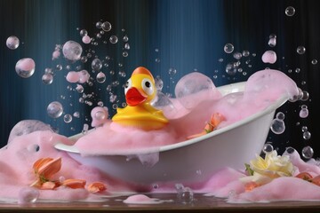 a bubble bath with floating rubber duck and bath salts