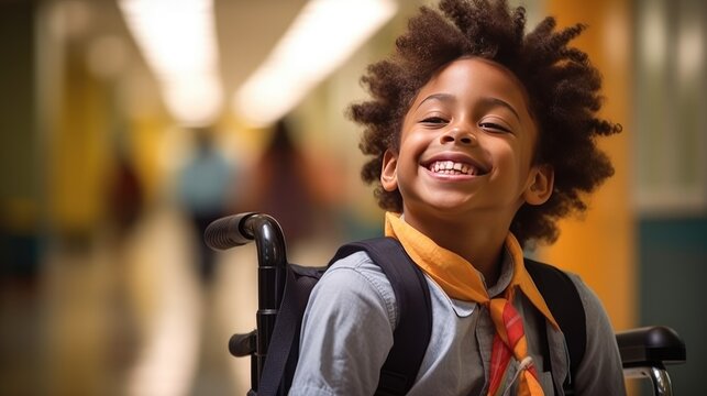 Photo captures the spirit of an African American elementary school student with a disability who is beaming with joy while sitting in a wheelchair in a school hallway.
