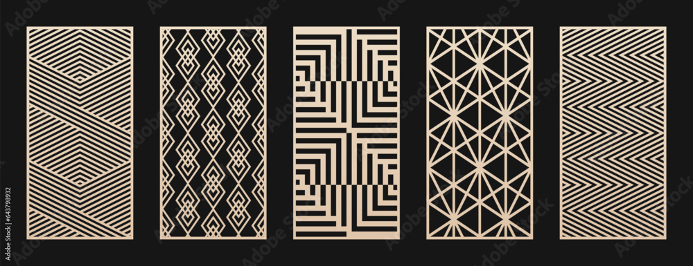 Poster laser cut, cnc cutting patterns collection. vector set with abstract geometric ornament, lines, diam