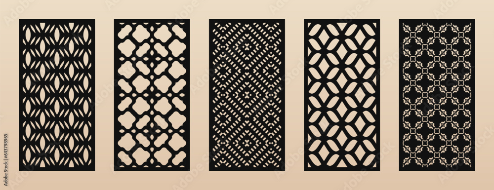 Poster vector laser cut templates. modern abstract geometric panels set with mesh, grid, floral lattice pat
