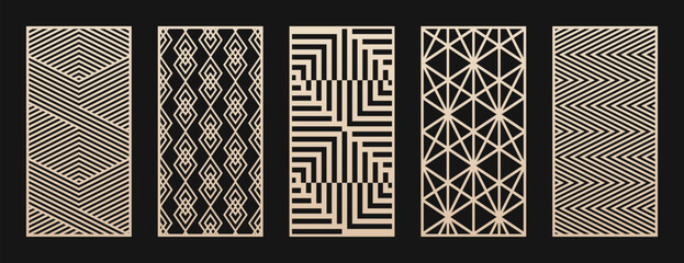Laser cut, CNC cutting patterns collection. Vector set with abstract geometric ornament, lines, diamonds, grid, lattice. Decorative stencil for wood panel, metal, plastic, paper. Aspect ratio 1:2
