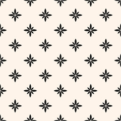 Simple vector floral seamless pattern. Abstract monochrome geometric ornamental texture with small flower silhouettes. Black and white simple ornament in oriental style. Elegant repeat geo background