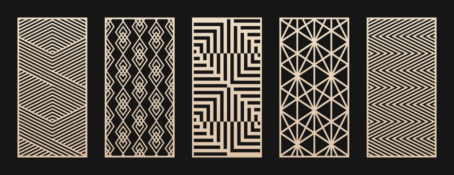 Laser cut, CNC cutting patterns collection. Vector set with abstract geometric ornament, lines, diamonds, grid, lattice. Decorative stencil for wood panel, metal, plastic, paper. Aspect ratio 1:2