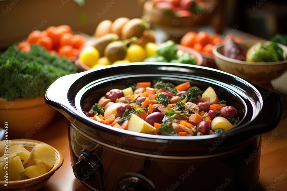 Sticker slow cooker cooking a vegetarian meal, variety of veggies