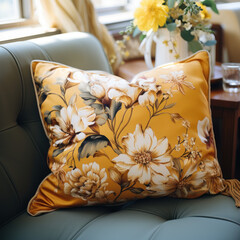 a soft pillow yellow floral couch living room

