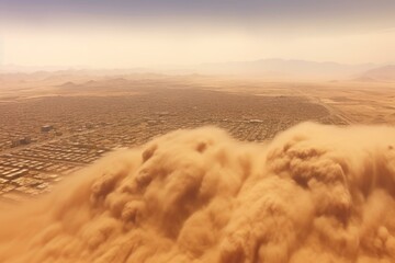 aerial view of the vast desert landscape swallowed by the sandstorm