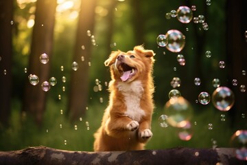 dog happily playing with bubbles in the air
