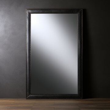 Fondo con detalle y textura de espejo con marco de madera de tonos oscuros y pared gris de fondo