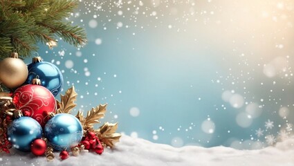 Christmas Tree Decorations and Snowflakes on Winter Background