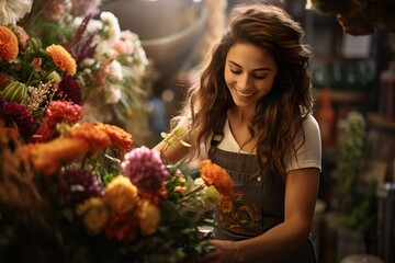 A Contemporary Female Worker Flourishing in the Flower Shop | Generative AI