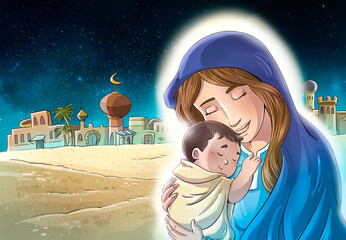 Virgin Mary hugging baby Jesus under the starry sky - 643801158