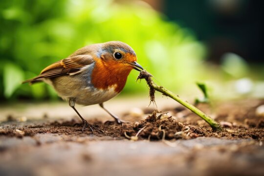 a robin pulling a worm from a freshly tilled garden