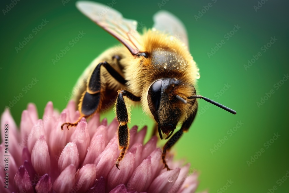 Poster a macro shot of a bee gathering nectar from a clover flower