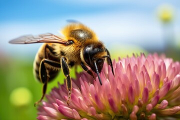 a macro shot of a bee gathering nectar from a clover flower