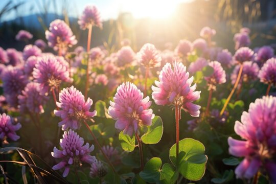 bright sunlight streaming onto a patch of clover flowers