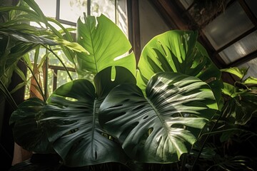 sunlight filtering through the large leaves of a monstera plant
