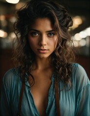 Fototapeta premium Serious Young Adult Woman with Attractive Brown Hair in Front View Portrait