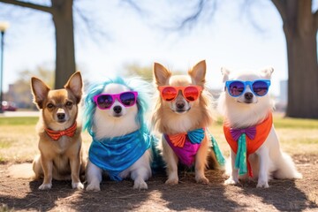 a group of small breed dogs wearing colorful sunglasses at a park