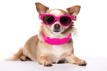 a chihuahua with pink sunglasses, a pink collar, and bow on a white background