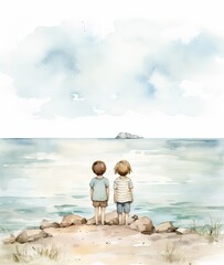 two children on the seashore look into the distance. view from the back. watercolor illustration