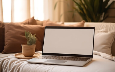 Fototapeta premium Laptop blank screen on sofa in cozy house with house plants