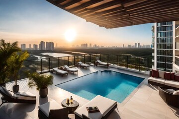 Obraz premium 5-foot balcony of a brand-new modern condominium on the 15th floor and takes in the captivating view of a swimming pool on the 7th-floor terrace - AI Generative