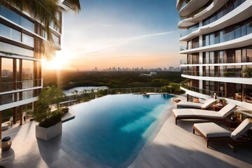 Obraz premium 5-foot balcony of a brand-new modern condominium on the 15th floor and takes in the captivating view of a swimming pool on the 7th-floor terrace - AI Generative