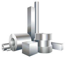 Group different metal steel objects circle, square, sleeve, pipe