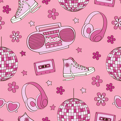 pink seamless pattern with  record player, sneakers, headphones