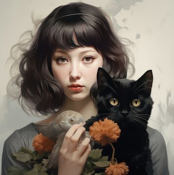 portrait of a girl with cat korean style