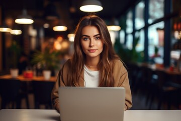 Young business woman working on laptop sitting in cafe and looking at camera. Female entrepreneur, student, business owner, businesswoman. Generative AI
