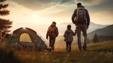 Poster Father and boys going camping with tent in nature, concept: Back to nature © Christian