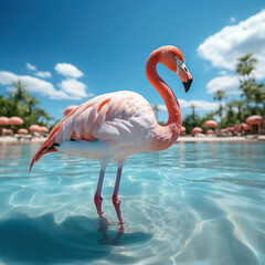 A pink flamingo is standing in a turquoise lagoon 
