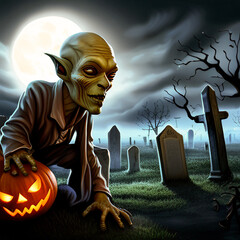 Scary alien zombie being carrying glowing jack-o-lantern pumpkin on Halloween in graveyard with full moon in the background