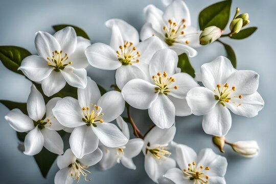 A still life close up shot of Jasmine flowers. The blossoms appear frozen in time, their delicate beauty immortalized in this image - AI Generative