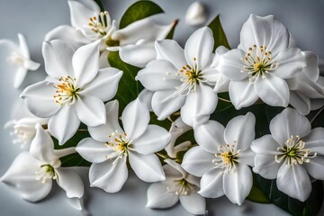 A still life close up shot of Jasmine flowers. The delicate white petals seem to capture the essence of purity and elegance - AI Generative