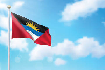 Waving flag of Antigua and Barbuda on sky background. Template for independence