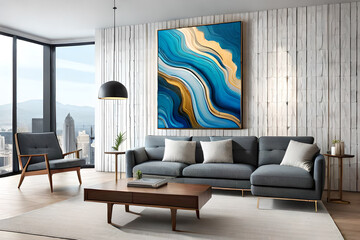 Marble abstract acrylic painting in the interior of the room. Marbling artwork texture.