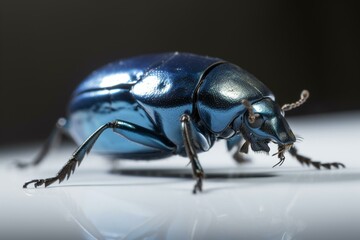 Shiny blue beetle standing alone against a clear background. Generative AI