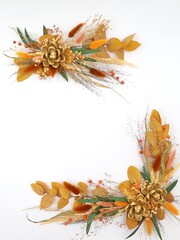 Flatley of yellow and orange flowers on white background, top view, space for text. Decor, festive greeting card. High quality photo