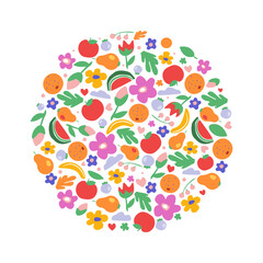 Different bright summer fruits, berries, flowers, plants, ingredients enclosed in a circle. Print for clothes, t-shirts, cards, cochon fabrics. Vector graphics.