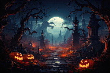 Fototapeta na wymiar Halloween spooky background, scary jack o lantern pumpkins in creepy dark forest with bats, spooky trees, moon and old house Happy Haloween ghosts horror gothic mysterious night moonlight backdrop.