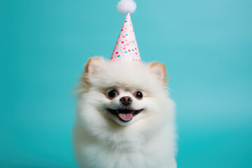 Cute small white dog wearing party hat. Perfect for celebrating special occasions and adding touch of joy to any project.