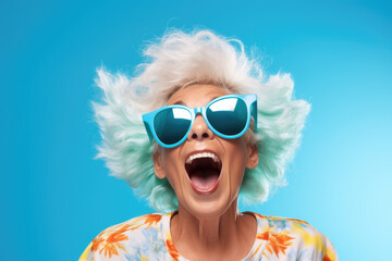 Woman with white hair wearing blue sunglasses. This image can be used for fashion, summer, or trendy themes.