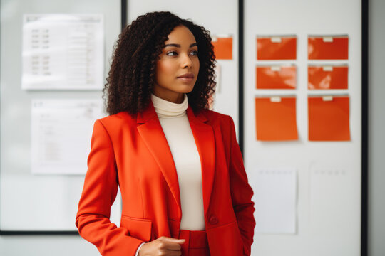 Woman wearing red suit standing in front of white board. This image can be used for business presentations or educational purposes.