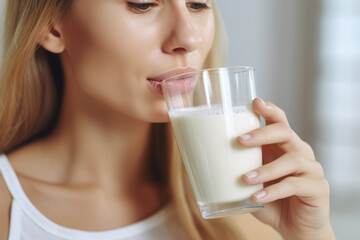 Woman is pictured drinking glass of milk. This image can be used to promote healthy eating and nutrition.
