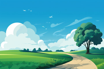 Fototapeta premium Cartoon illustration of country road with tree in middle. This image can be used to depict peaceful countryside scene.