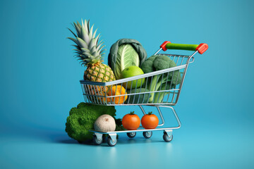 Shopping cart filled with variety of fresh fruits and vegetables. Perfect for illustrating healthy eating, grocery shopping, or balanced diet.