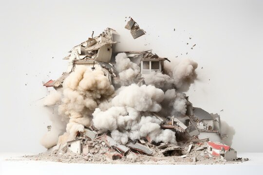 Residential building demolished by controlled explosives on a white background. Generative AI