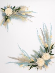 Flatley with blue corners of flowers on a white background. Top view, space for text. Festive, wedding decor, welcome card. High quality photo